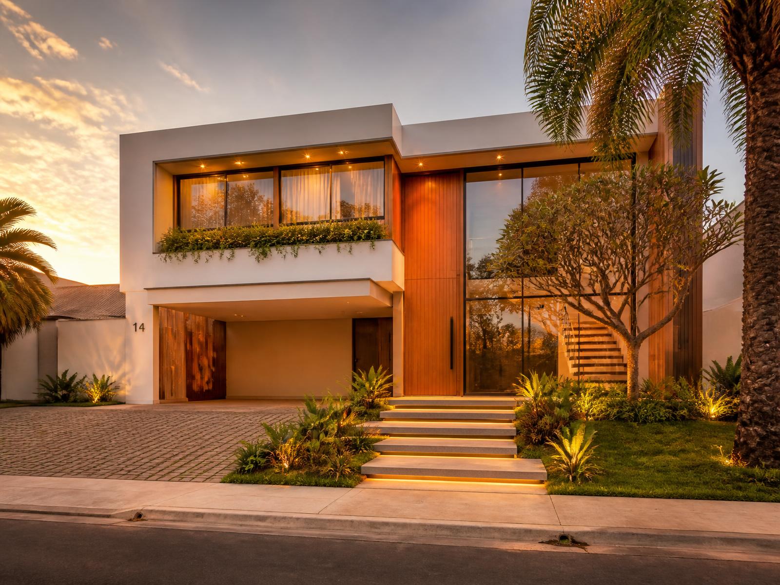 Casa residencial moderna em Brasília ao entardecer